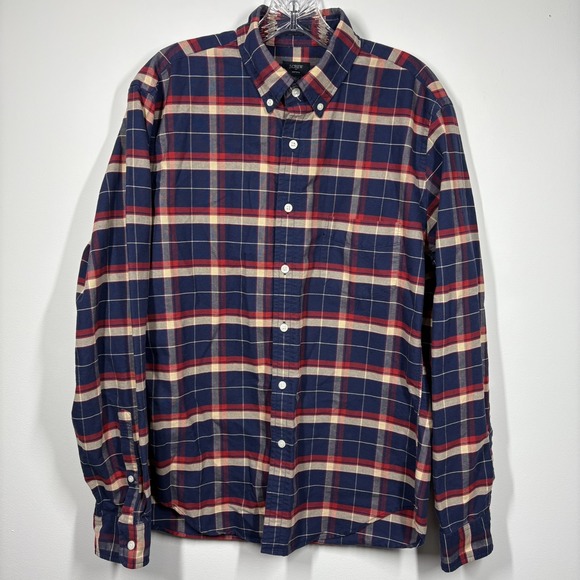 J Crew Mens Slim Fit Oxford Shirt Size L Navy Red Plaid Long Sleeve Button Down - Picture 2 of 9
